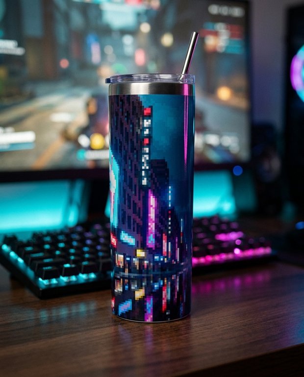 Kubek termiczny Pixel Sip z pełnokolorowym nadrukiem sublimacyjnym w neonowym setupie