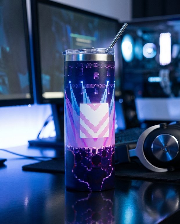 Kubek termiczny Pixel Sip ze słomką stojący na biurku w gamingowym setupie